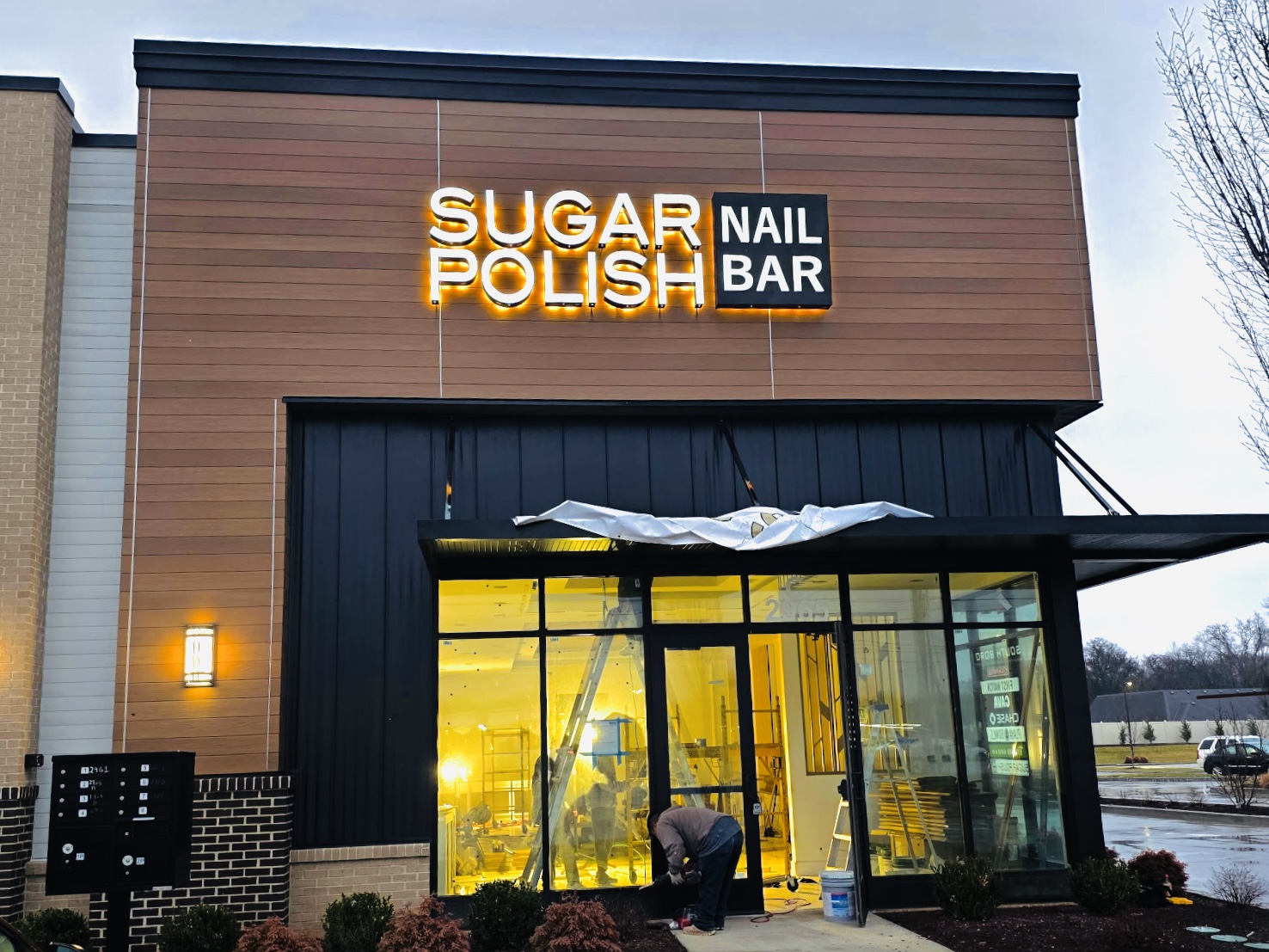 Sugar Polish Nail Bar — front and halo-lit channel letters, Atlanta GA